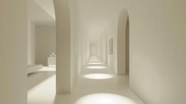 a room with a white floor and a large archway that has a light on it