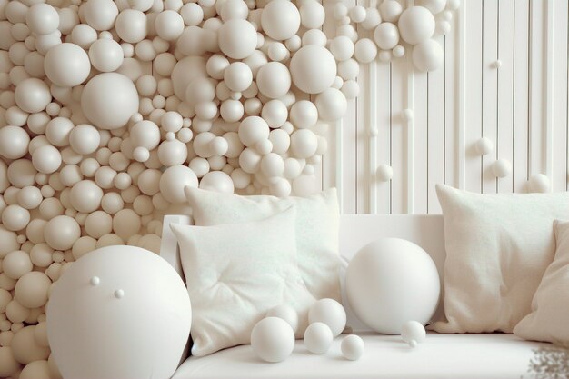 A room with white pillows and a white wall with white balls.