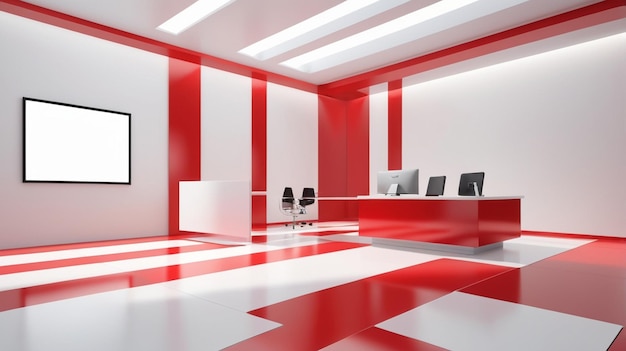 a room with a white and red theme and a white wall with a red and white bench