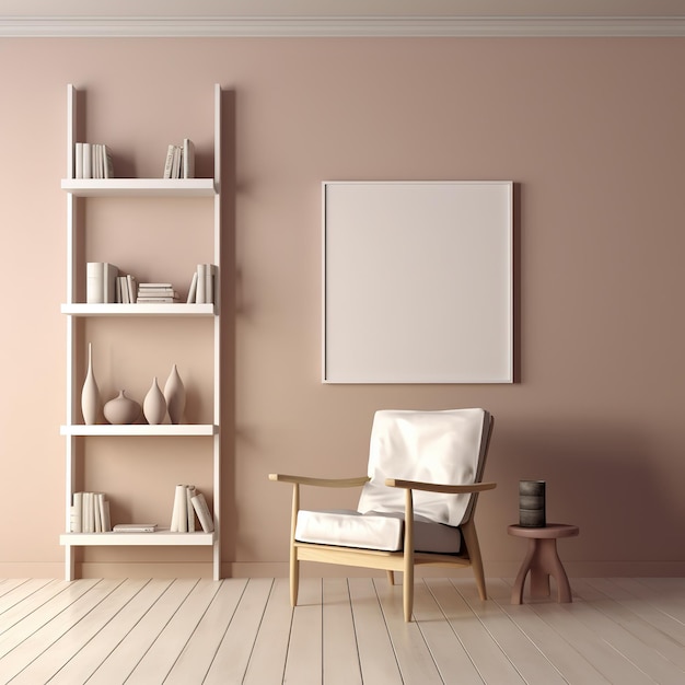 A room with a white shelf and a chair and a picture on the wall.