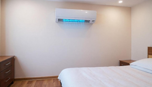 a room with a white wall mounted air conditioner and a white wall unit