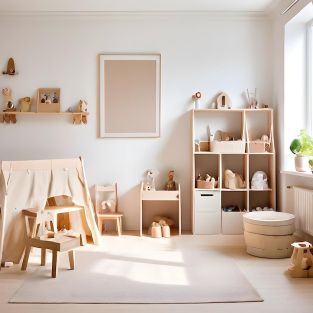 a room with a white wall and a shelf with dolls and a picture of a bear