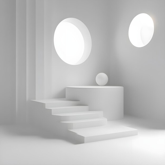 Photo a room with a white wall and stairs and a round window