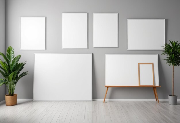 a room with a white wall and a white picture frame with a wooden table and a white box on the floor