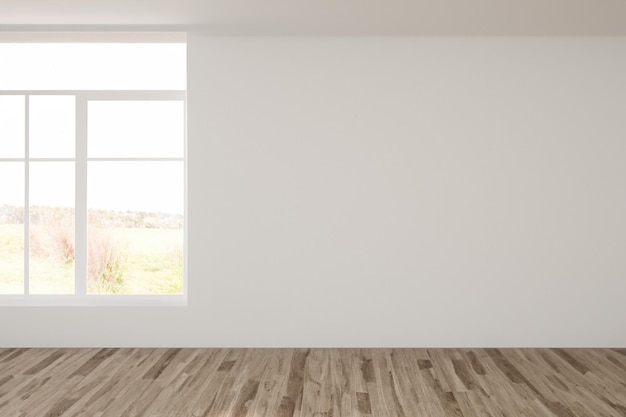 a room with a white wall and a window that says