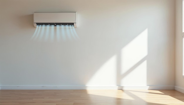 a room with a white wall and a window with the sun shining through the blinds