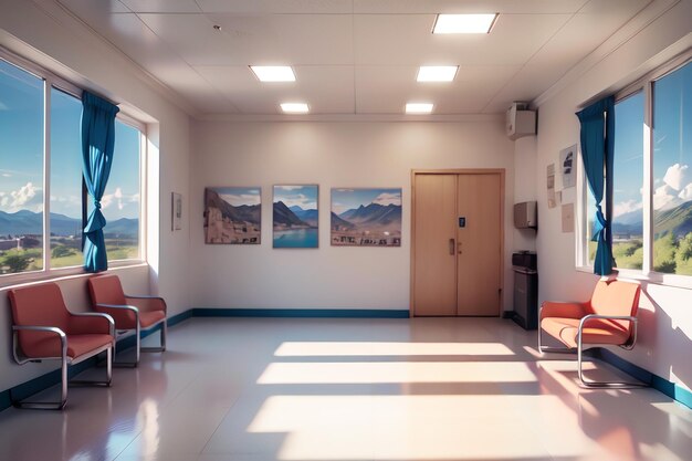 A room with a window and a bench with a view of the mountains on it.