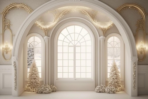 A room with a window and a christmas tree in the middle