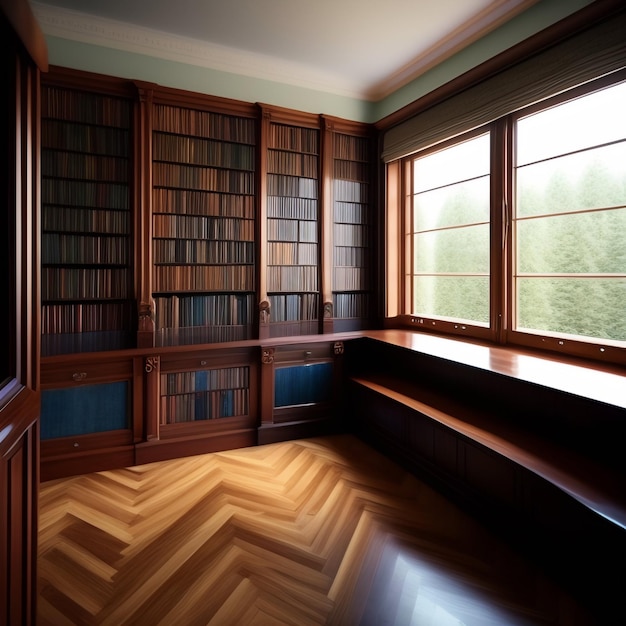 A room with a window that has a bookcase on it