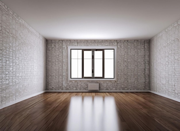 A room with a window that has a brick wall and a wooden floor.