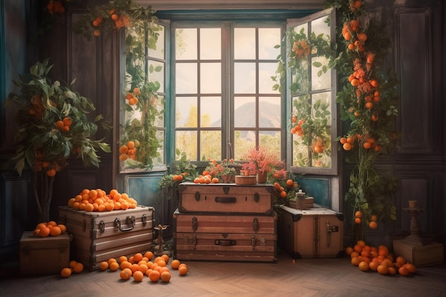 A room with a window that has a bunch of oranges on it