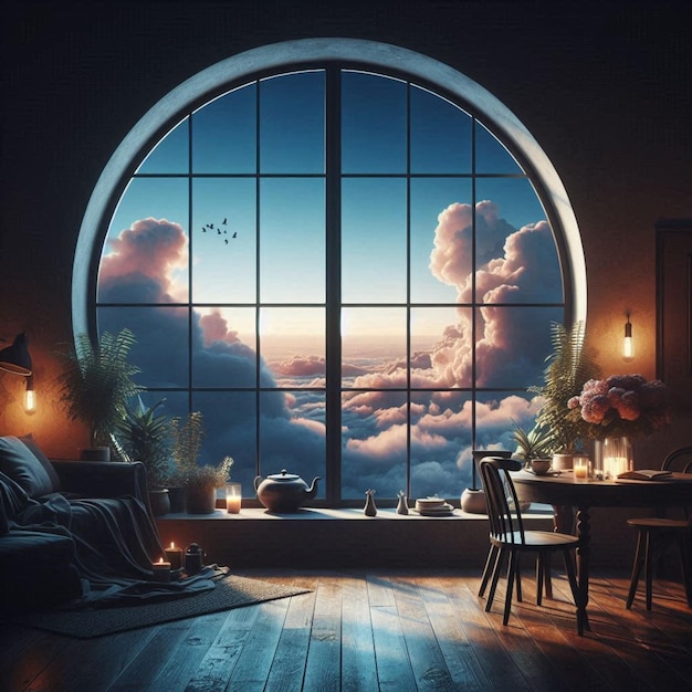 Photo a room with a window that has a picture of a sky and clouds