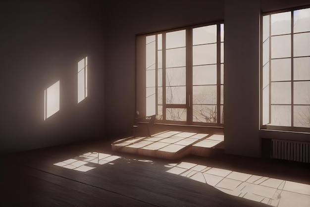 A room with a window that has the sun shining on it.