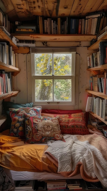 Photo a room with a window that has a window that has a tree on it