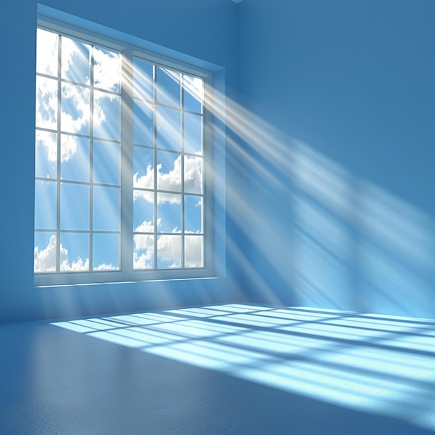 a room with a window and a window with the sun shining through it