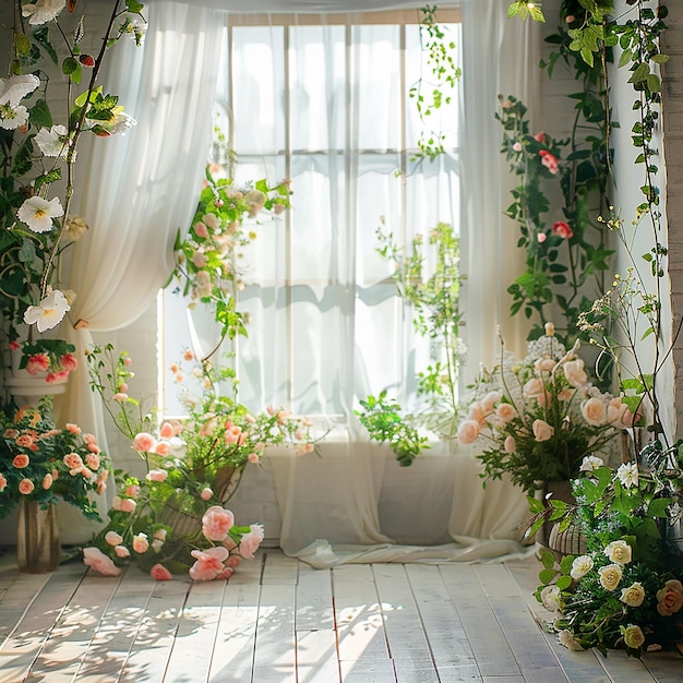 a room with a window with flowers and a window with a white curtain