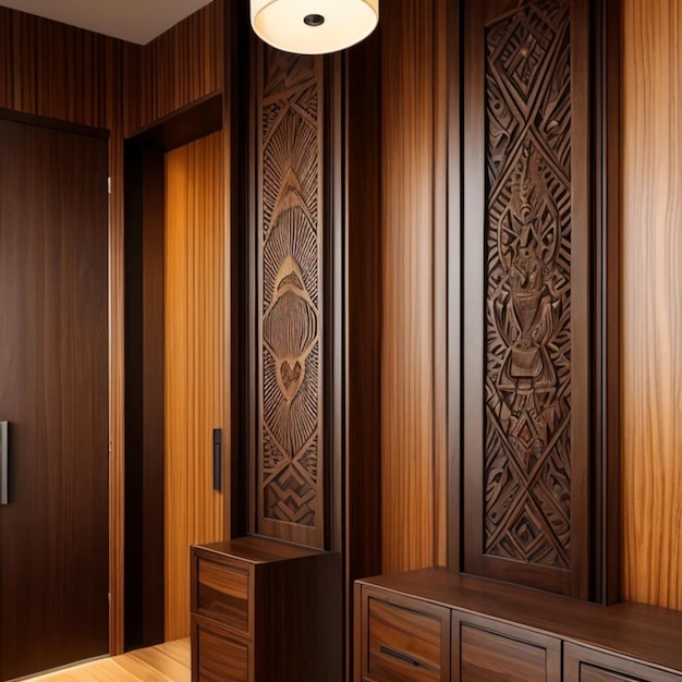 a room with a wood paneled wall and a lamp with a lamp on it