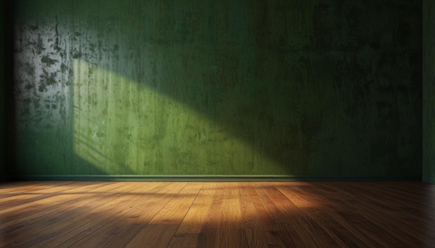 a room with a wooden floor and a green wall with a wooden floor and a green wall behind it