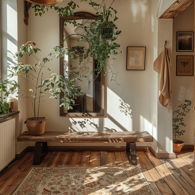 a room with a wooden floor and a large mirror with a plant on it