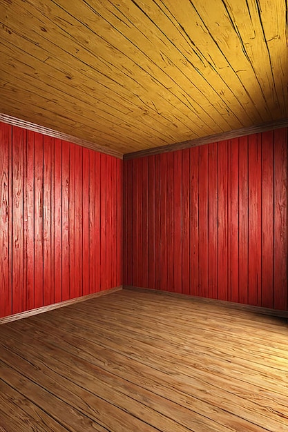 a room with a wooden floor and a red wall with a wooden floor