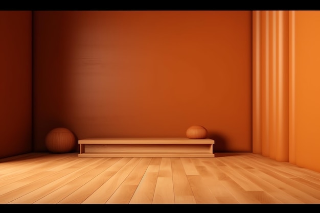 A room with a wooden floor and a wooden bench in the corner.