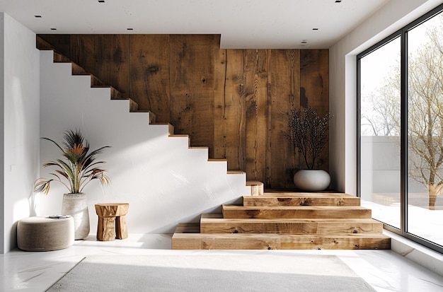 a room with a wooden wall that has a plant on it