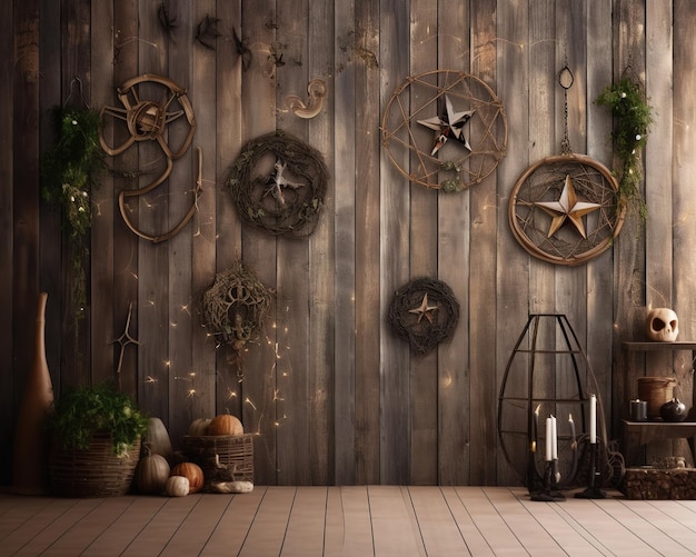 A room with a wooden wall with stars and a wreath on it