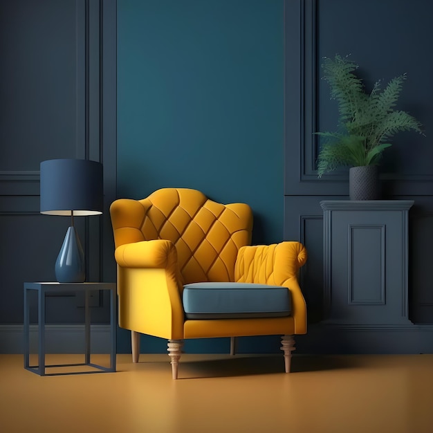 A room with a yellow chair and a blue wall with a plant on it