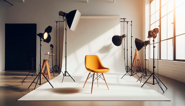 Photo a room with a yellow chair and a light and a set of lights