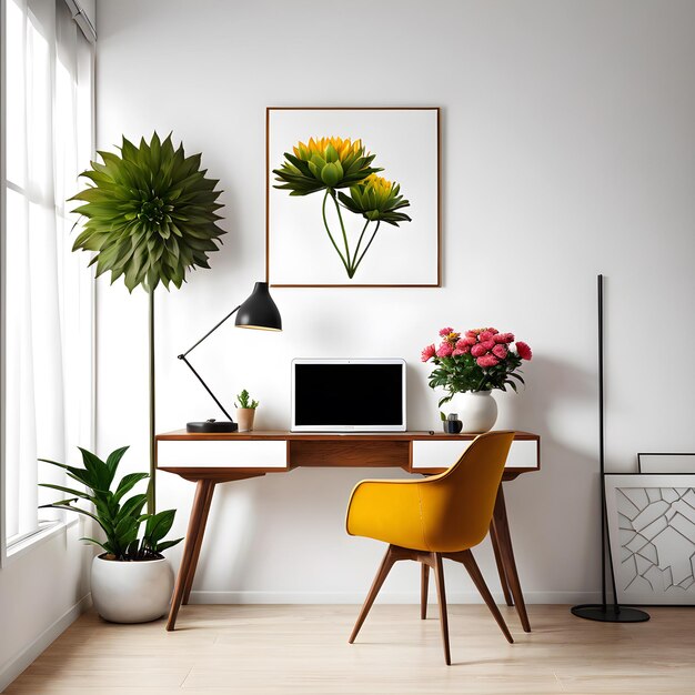 Photo a room with a yellow chair and a plant on the wall