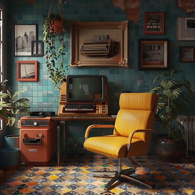 a room with a yellow chair and a tv on the wall