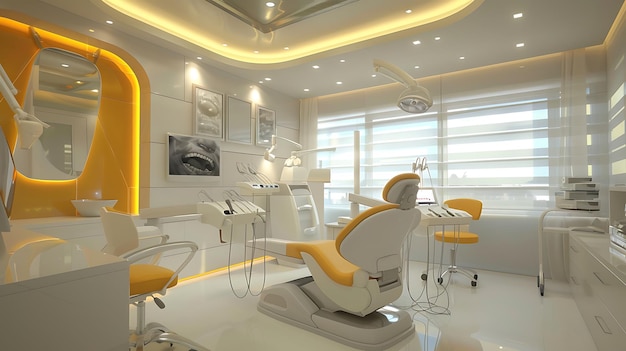 a room with a yellow chair and a window that says quot dental quot