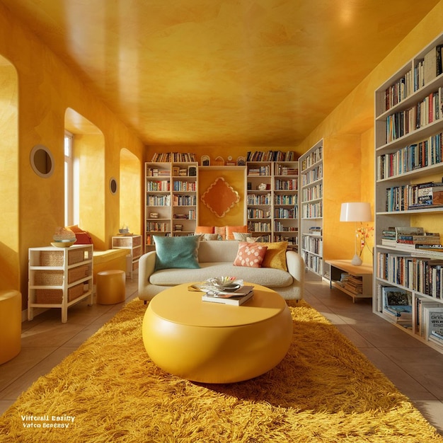 a room with a yellow couch and a bookcase with a yellow wall