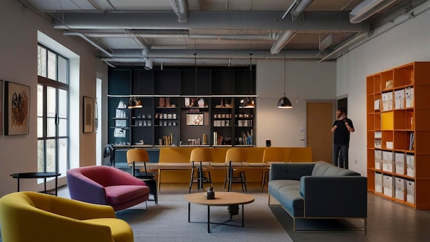 a room with a yellow couch and a coffee table