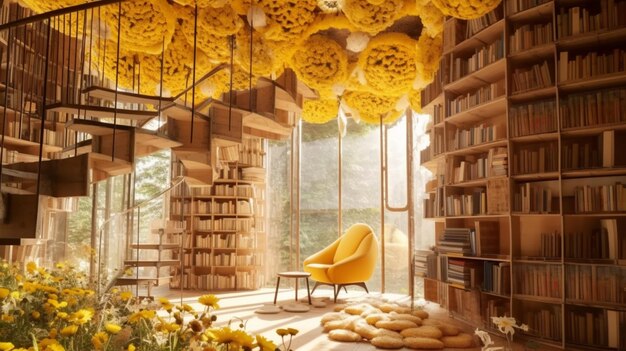 A room with yellow flowers on the ceiling