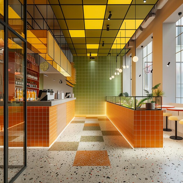 Photo a room with a yellow and orange tiled floor and a green wall with a plant on it