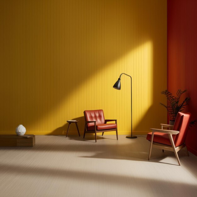 A room with a yellow wall and a black tile floor Half of the wall features floortoceiling wooden