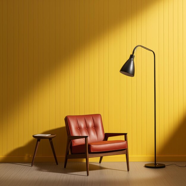 A room with a yellow wall and a black tile floor Half of the wall features floortoceiling wooden