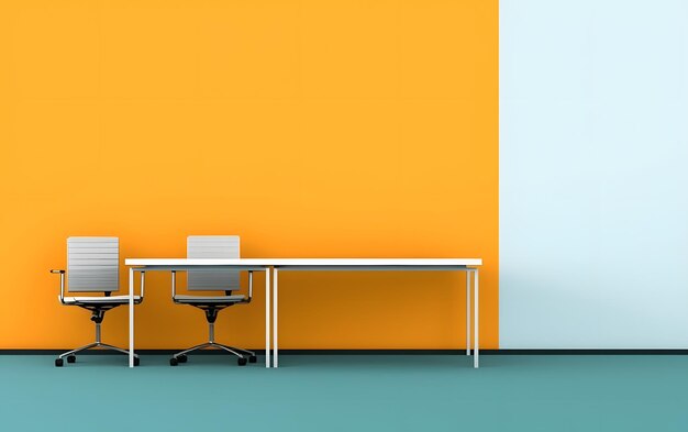 A room with a yellow wall and two chairs in front of a blue wall.