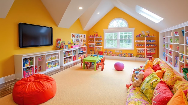 Photo a room with a yellow wall with a tv above it and a child sitting on a couch with a red pillow