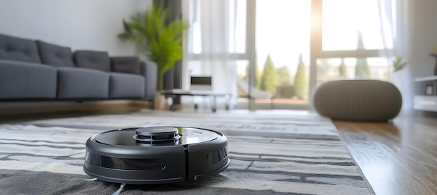 A Roomba robot vacuum cleans the floor in front of a couch