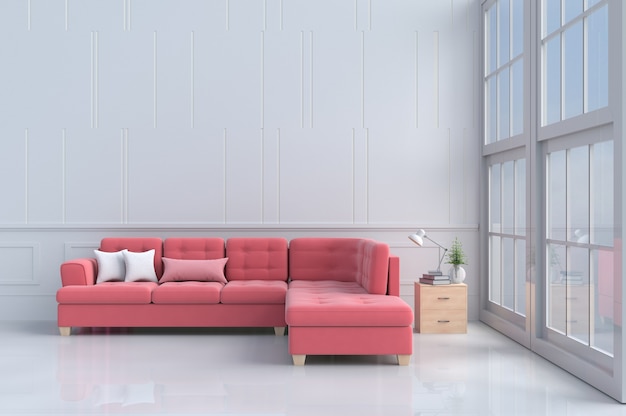 Rooms of Love on Valentine`s Day. decor red - pink sofa, wood bedside table, Window. 3D re