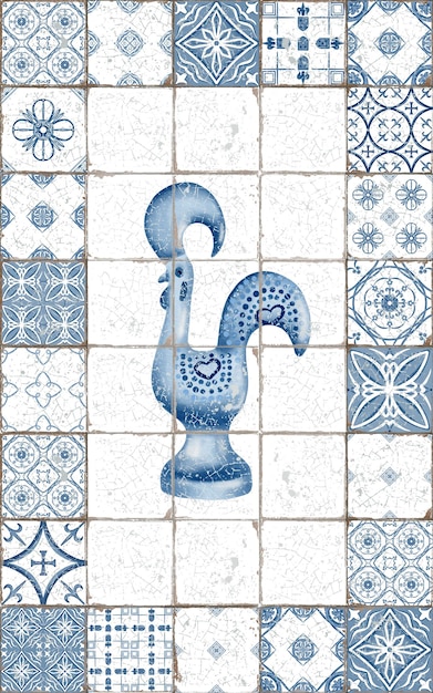 Rooster as a symbol of portugal framed ceramic tiles with cracked and scuffed seams in monochromatic