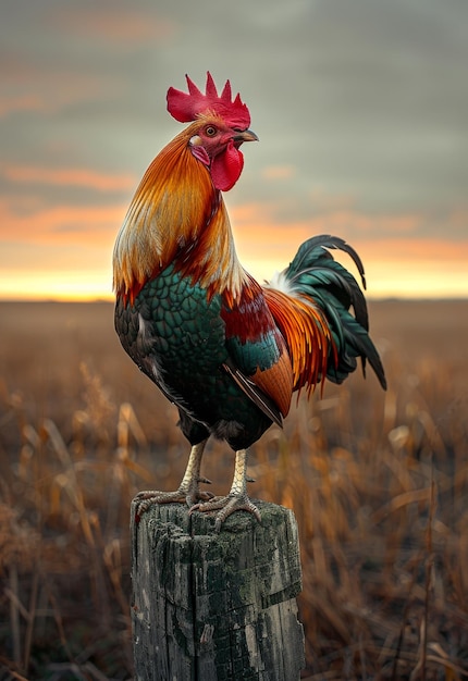 Rooster crowing on wooden pole in field at sunset