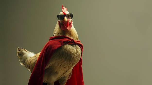 Photo a rooster dressed as a superhero wearing sunglasses and a red cape standing