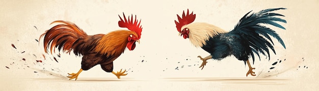 A rooster engaged in a traditional cockfighting match feathers flared in combat