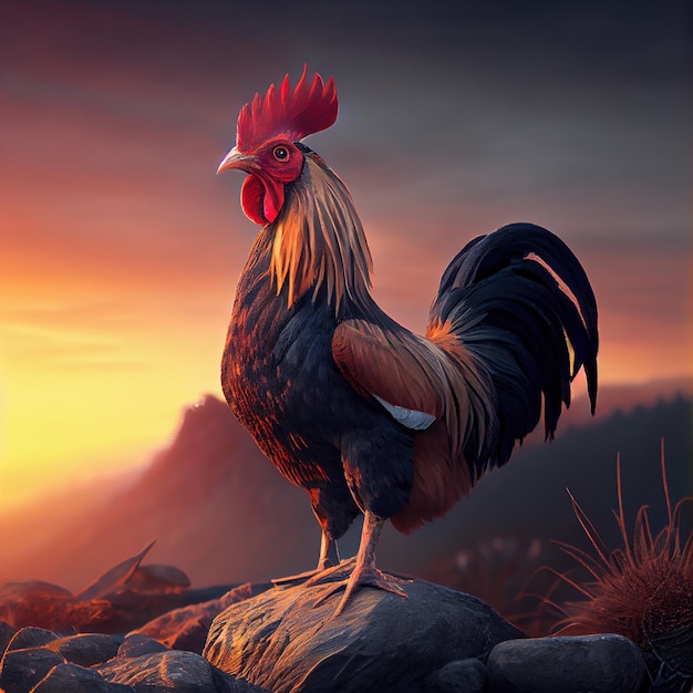 A rooster in the field 3D rendering photorealism