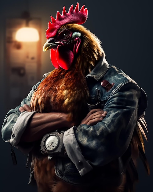 Photo a rooster gang member in muscles wearing a leather jacket and a watch