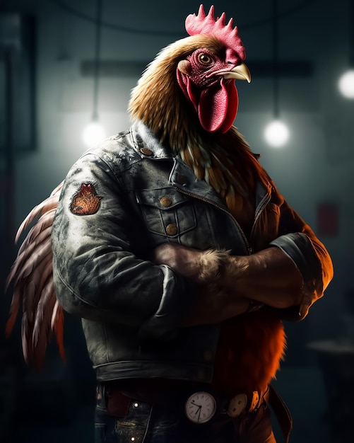 Photo a rooster gang member in muscles wearing a leather jacket and a watch