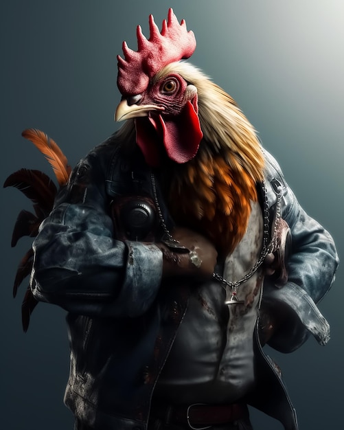 Photo a rooster gang member in muscles wearing a leather jacket and a watch